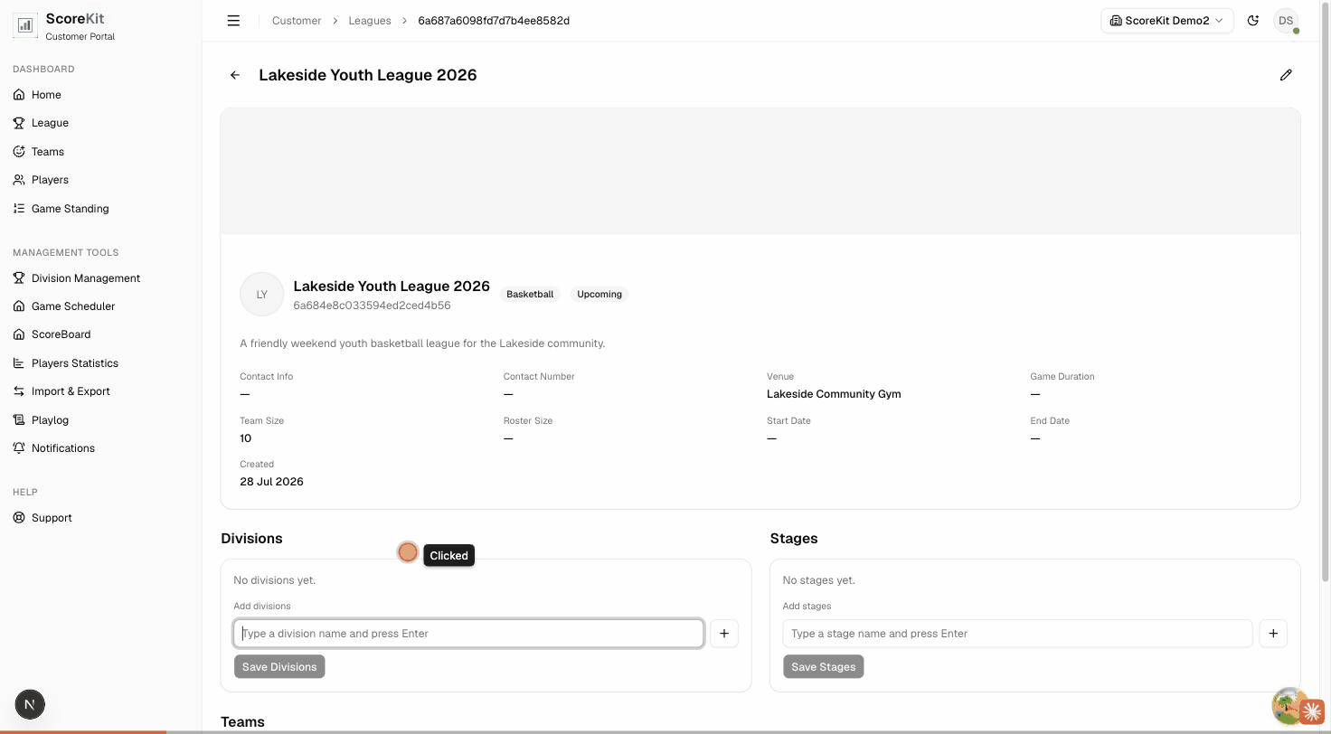 Walkthrough of adding Junior Division and Senior Division to a league