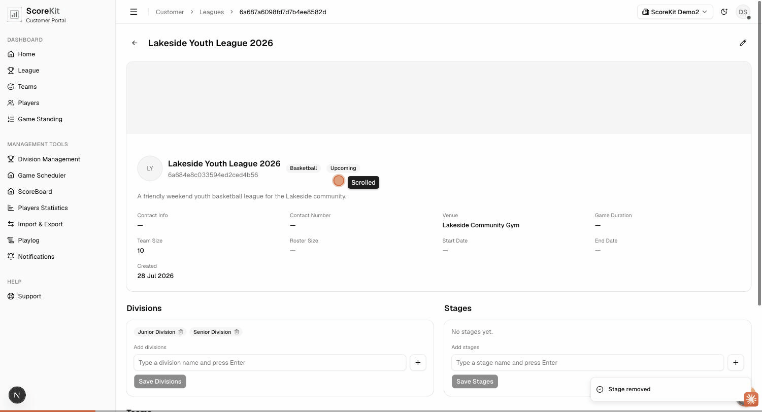 Walkthrough of adding a Regular Season stage to a league