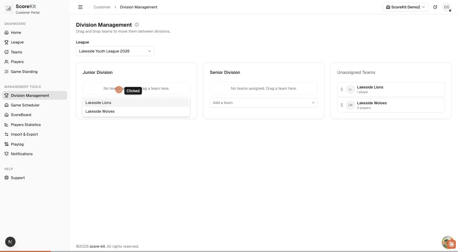 Walkthrough of assigning a team to the Junior Division and another team to the Senior Division