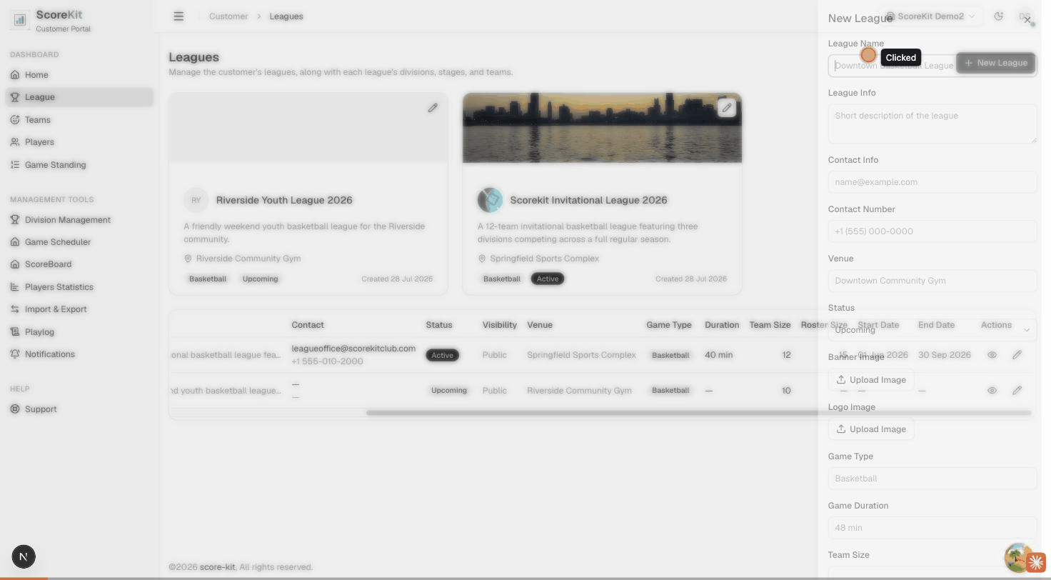 Walkthrough of creating a new league in ScoreKit