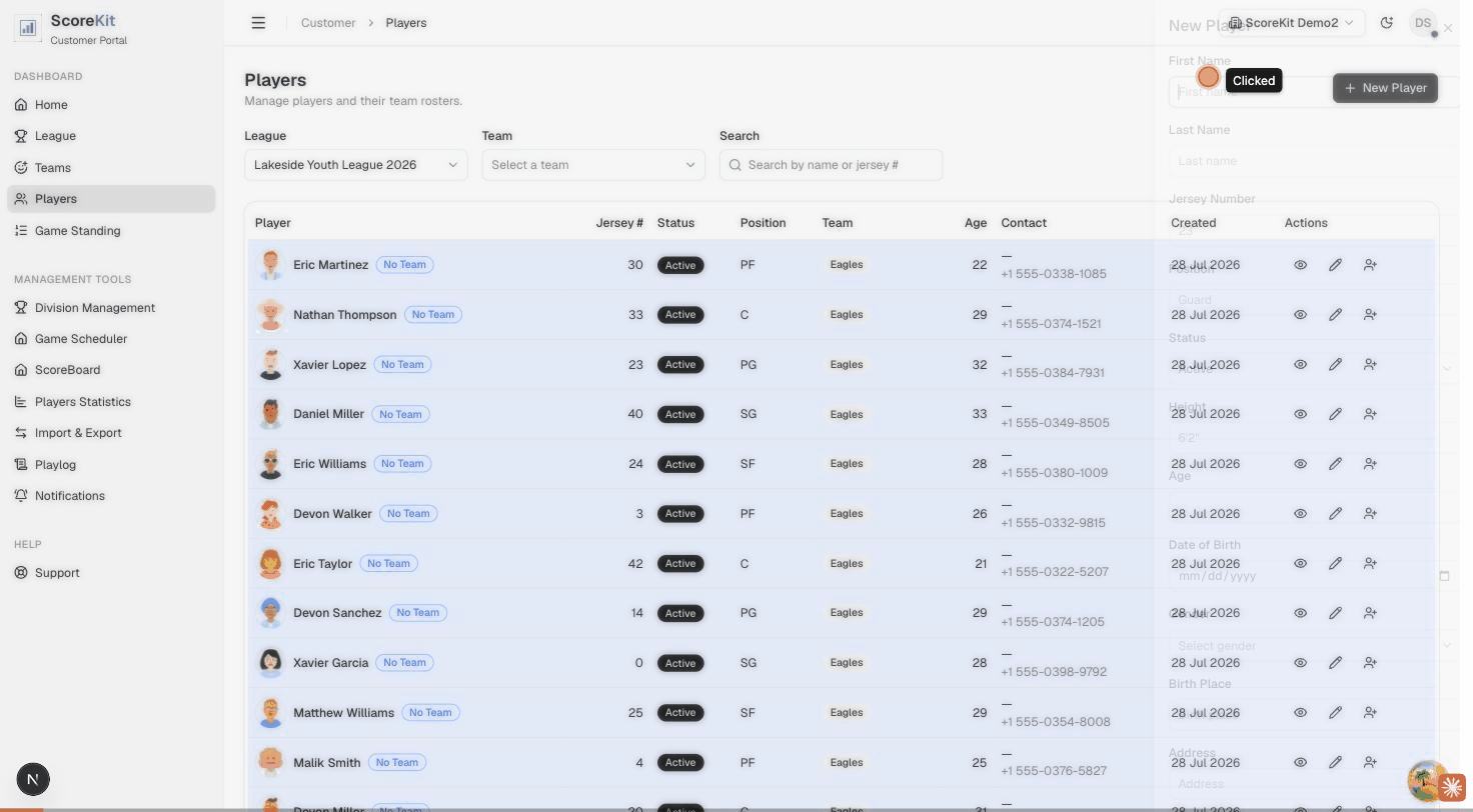 Walkthrough of creating a new player in ScoreKit and assigning them to a team roster