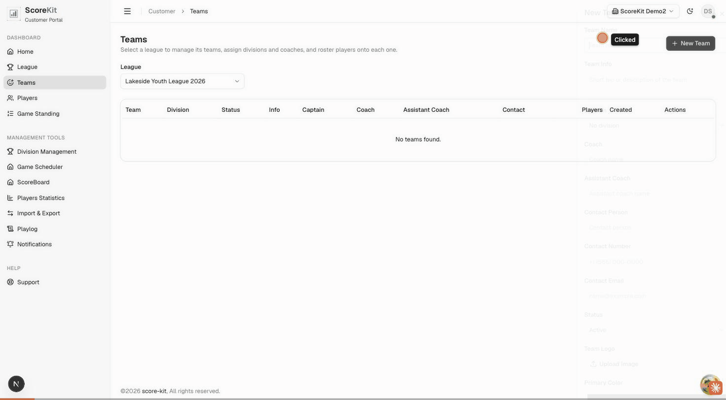 Walkthrough of creating a new team in ScoreKit