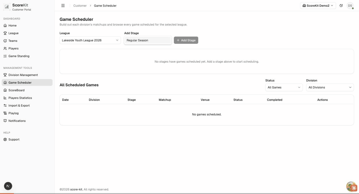 Walkthrough of scheduling a game between two teams in the Game Scheduler