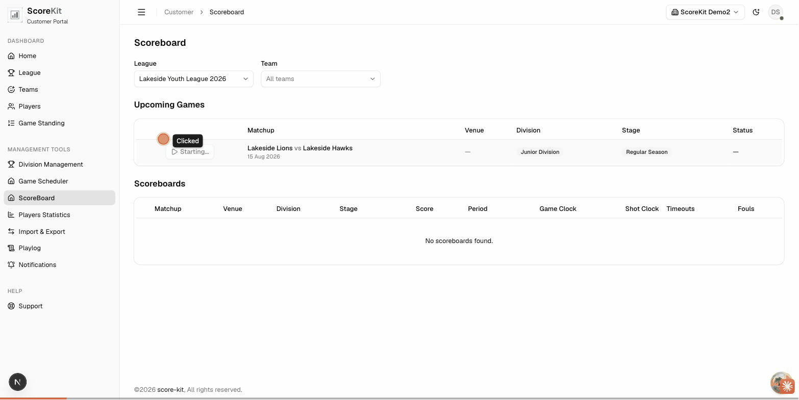 Walkthrough of starting a scheduled game from the Scoreboard page, opening the score editor, and viewing the live scoreboard